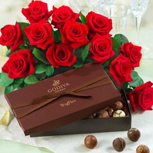 One Dozen Red Roses with Godiva Truffles LR at Holland Flowers Dubai, Send Flowers to Dubai UAE Flowers